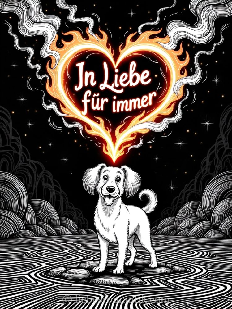 Weißer Hund steht unter brennendem Herz mit „In Liebe für immer“, sternenklarer Himmel