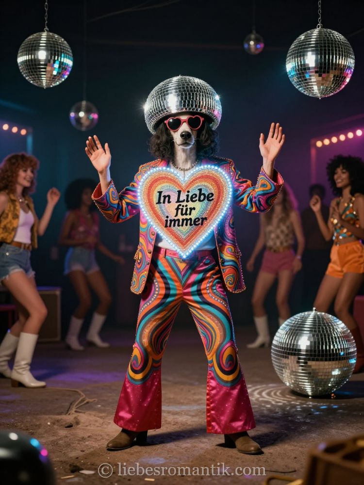 Hund im 70er-Kostüm tanzt mit leuchtendem Herz „In Liebe für immer“ unter Discobällen.