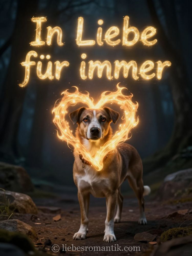 Hund im Wald vor leuchtendem Herz aus Flammen mit Schrift „In Liebe für immer“