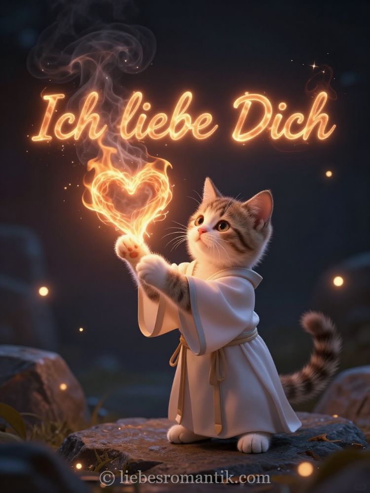 Streifkatze in weißem Gewand hält brennendes Herz, über ihm fließt „Ich liebe Dich“.
