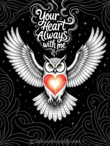 Weiße Eule mit rotem Herz fliegt vor sternenklarem Himmel; Schrift „Your Heart Always with me“ oben