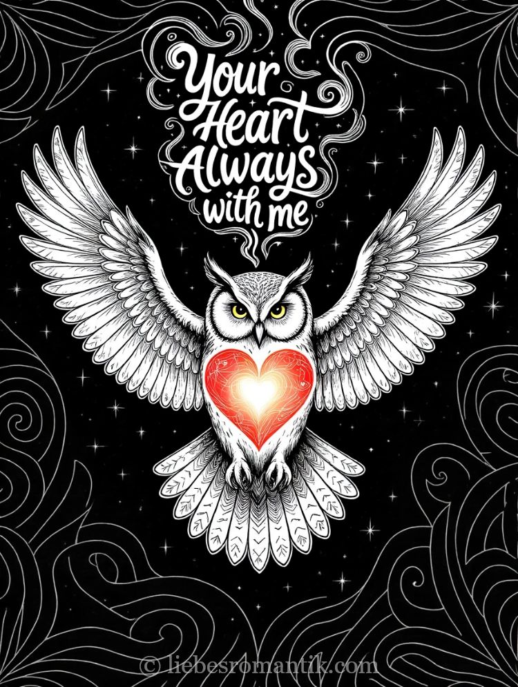 Weiße Eule mit rotem Herz fliegt vor sternenklarem Himmel; Schrift „Your Heart Always with me“ oben