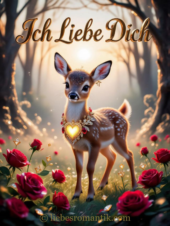 Zartes Hirschungssämling mit goldener Halskette und Herz, umgeben von roten Rosen im sonnigen Wald.