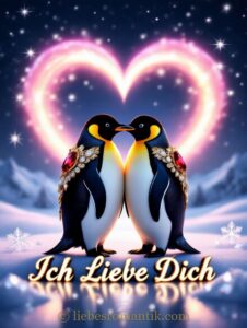 Zwei Pinguine umarmen sich im Schnee vor einem leuchtenden Herzen.