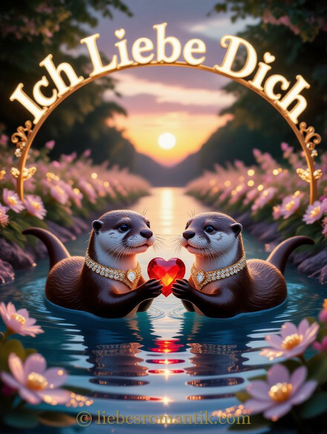 Zwei Otter schwimmen und halten ein leuchtendes Herz, über ihnen ein goldenes Schriftband mit „Ich Liebe Dich“.