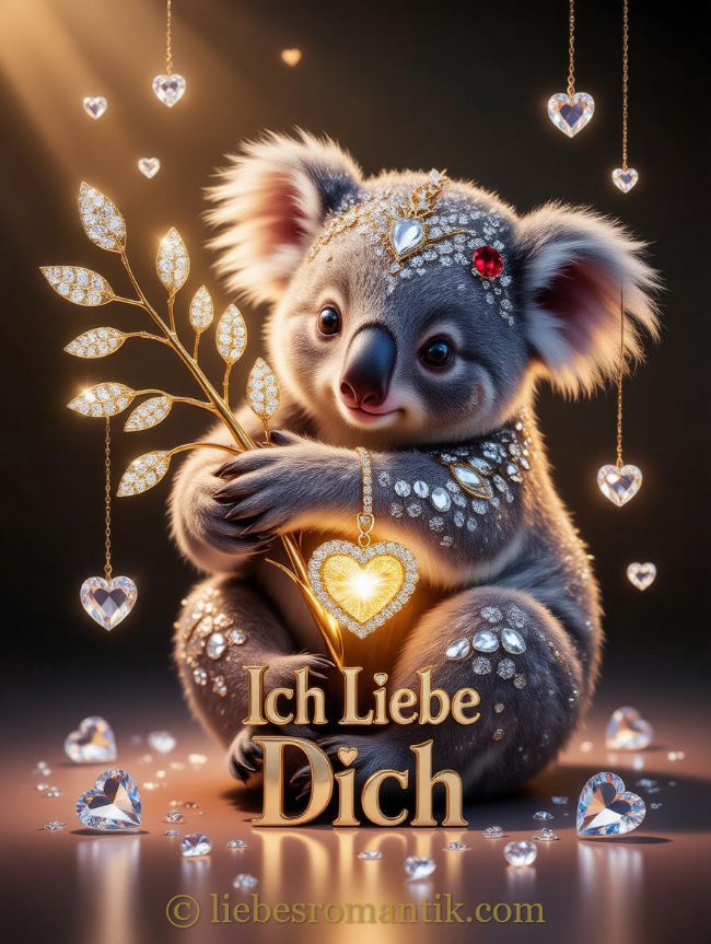 Kleiner Koala hält goldene Herzkette, umgeben von glitzernden Herzen im warmen Licht.