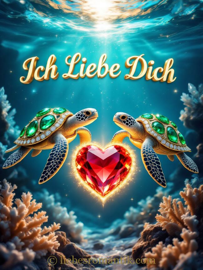 Zwei Schildkröten mit grünen Edelsteinen um ein rotes Herz, Text „Ich Liebe Dich“ oben.