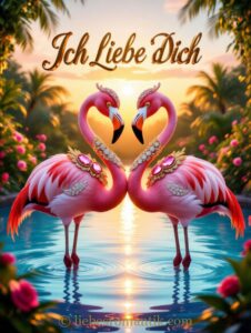 Zwei Flamingos im Wasser bilden mit Halsen ein Herz vor Sonnenuntergang und Palmen.