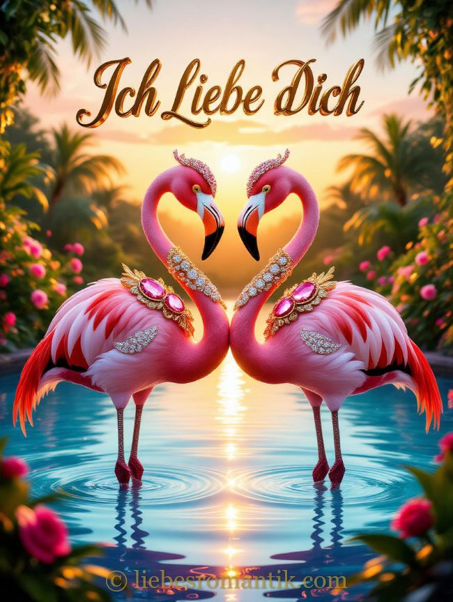 Zwei Flamingos im Wasser bilden mit Halsen ein Herz vor Sonnenuntergang und Palmen.