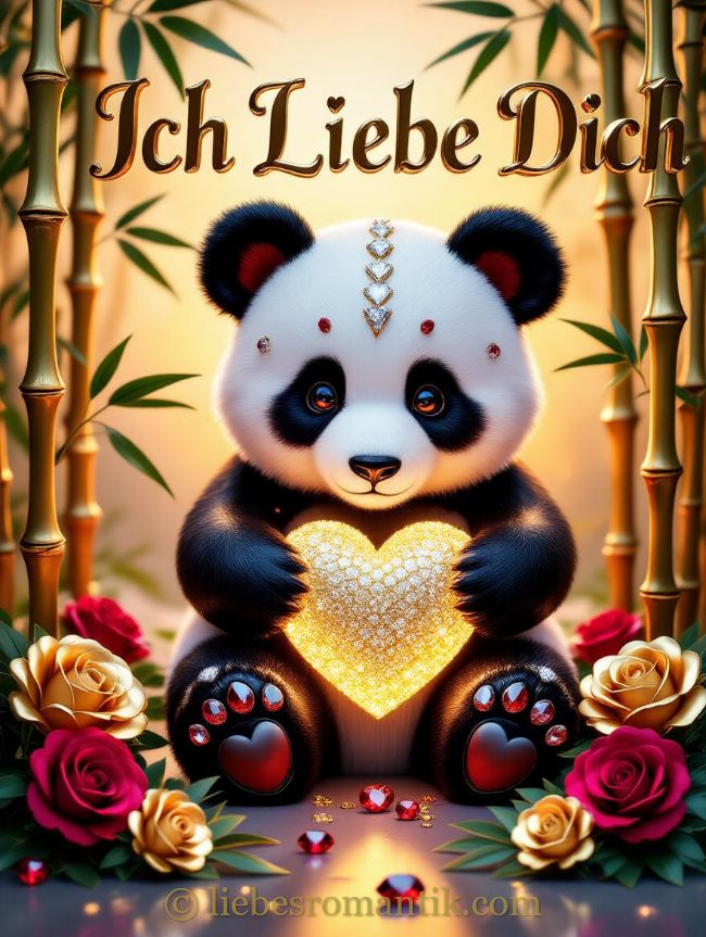 Gemalter Panda hält Herz, umgeben von Rosen und Bambusstäben.