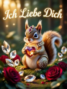 Goldverziertes Eichhörnchen mit Kristallherz, umgeben von Rosen und Diamanten.