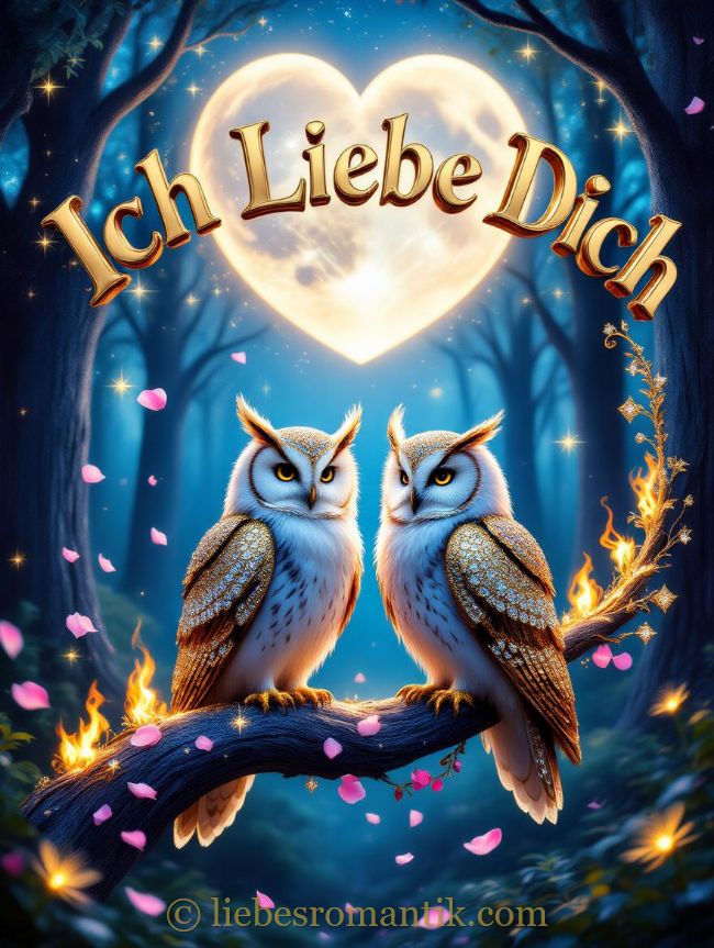 Zwei Eulen auf Ast vor goldener „Ich Liebe Dich“-Aufschrift im Wald