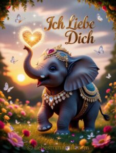 Kleiner Elefant hält Herz, darüber „Ich Liebe Dich“ in Gold.