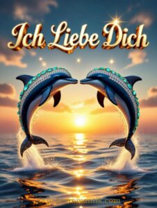 Zwei Delfine springen herzförmig aus Wasser bei Sonnenuntergang mit Schrift „Ich Liebe Dich“