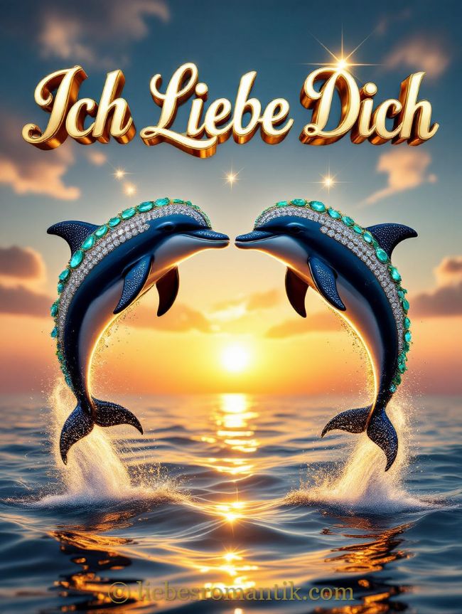Zwei Delfine springen herzförmig aus Wasser bei Sonnenuntergang mit Schrift „Ich Liebe Dich“