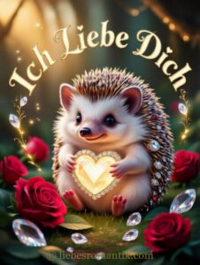 Igel mit leuchtendem Herz, umgeben von Rosen und Diamanten, Schrift „Ich Liebe Dich“ oben.