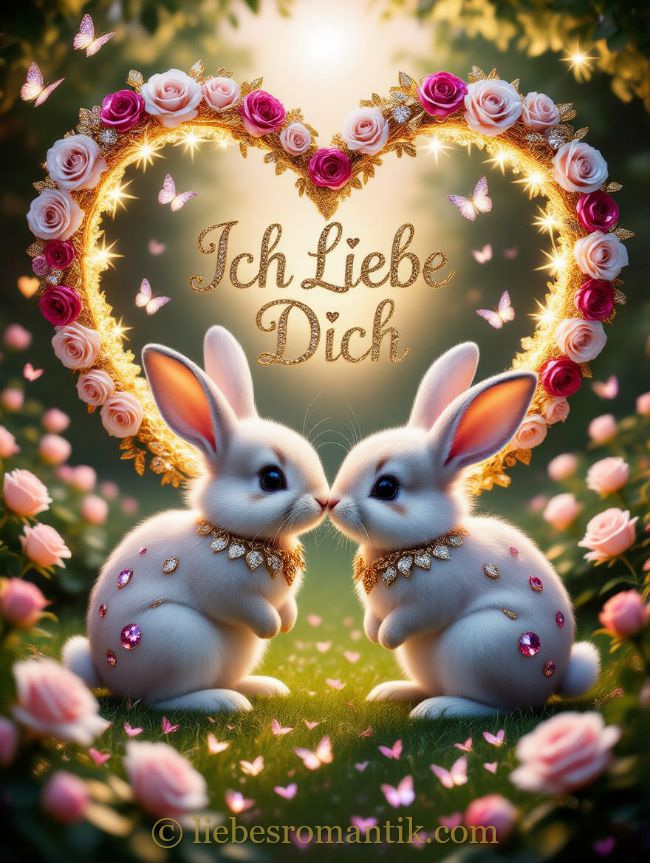 Zwei weiße Häschen küssen sich unter goldenem Herzrahmen mit „Ich Liebe Dich“.