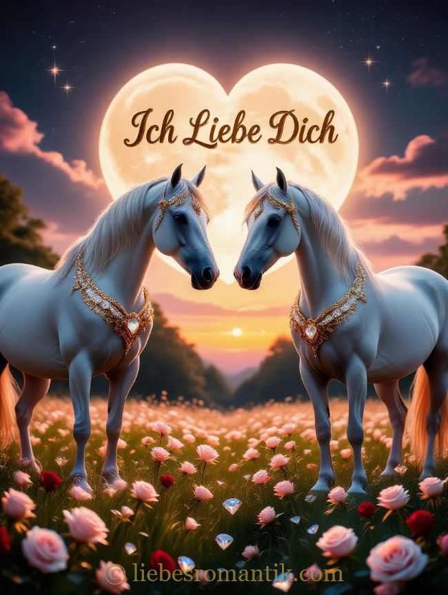 Zwei weiße Pferde mit goldenen Halsbändern blicken sich an vor einem herzförmigen Mond mit der Aufschrift „Ich Liebe Dich“.