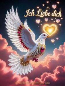 Weiße Taube mit goldenem Schmuck fliegt durch rosa Wolken und hält ein Herz, umgeben von schwebenden Herzen.