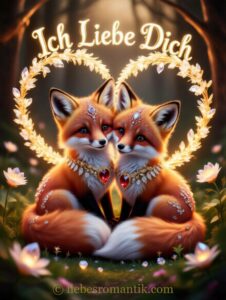 Zwei schmuckvolle Füchse im Wald sitzen in einem goldenen Herz aus Blumen und Licht. Oben steht „Ich Liebe Dich“.