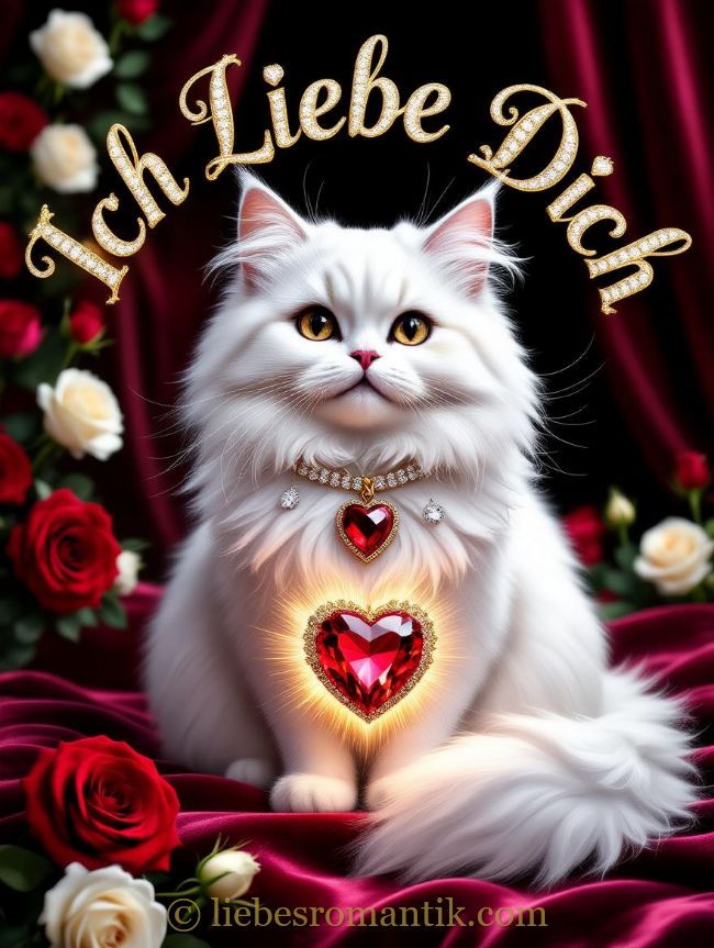 Flauschiger weißer Kater mit goldenen Augen auf rotem Samt, umgeben von Rosen und Herzanhänger.