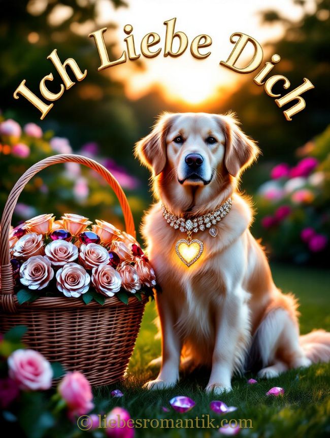 Goldener Hund mit Herzanhänger sitzt neben Rosenkorb. „Ich Liebe Dich“ oben im Bild.