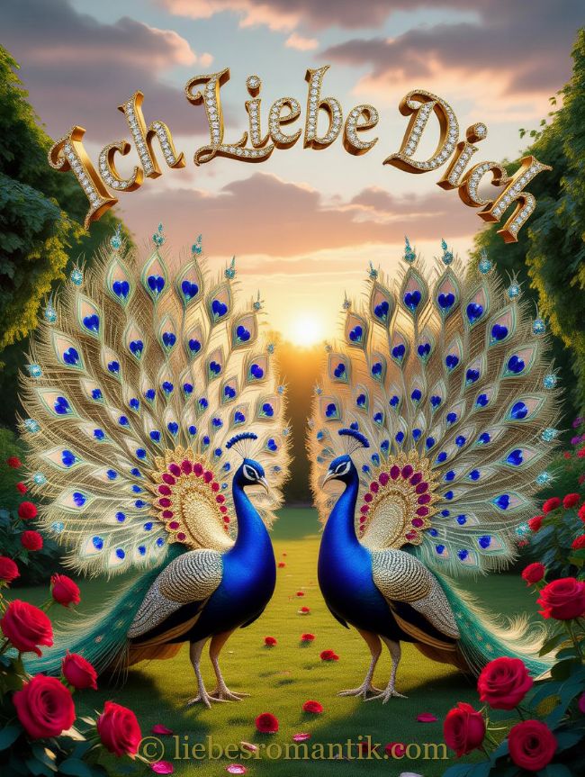 Zwei Pfauen mit blauen und goldenen Federn stehen sich im Sonnenuntergang gegenüber. Aufschrift „Ich Liebe Dich“ in Gold und Diamanten.