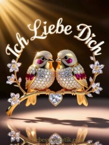 Zwei glitzernde goldene Vögel auf Zweig mit Blüten und Herz, Schriftzug „Ich Liebe Dich“.