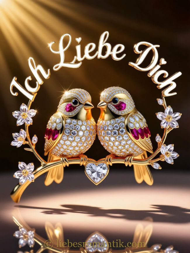 Zwei glitzernde goldene Vögel auf Zweig mit Blüten und Herz, Schriftzug „Ich Liebe Dich“.