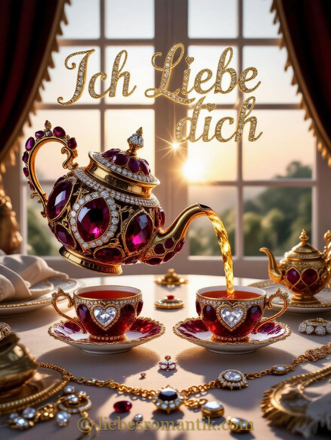Prächtiger Diamant-Teekessel gießt goldene Flüssigkeit in Tassen, „Ich liebe dich“ schwebt darüber.