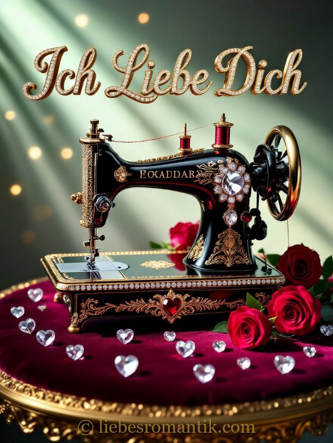 Schwarze Nähmaschine mit Goldverzierung, umgeben von Rosen und Kristallherzen, Inschrift „Ich Liebe Dich“.