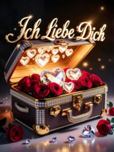 Koffer mit Diamanten, Rosen und Herzen, goldene Aufschrift „Ich Liebe Dich“