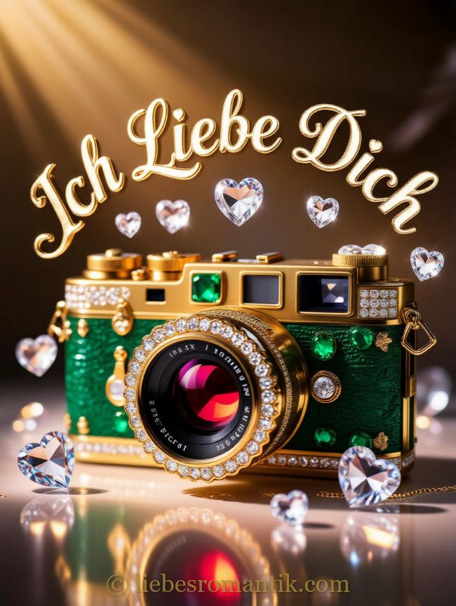 Goldene Kamera mit Diamanten und Smaragden, umgeben von fliegenden Herzen und Schrift „Ich Liebe Dich“.