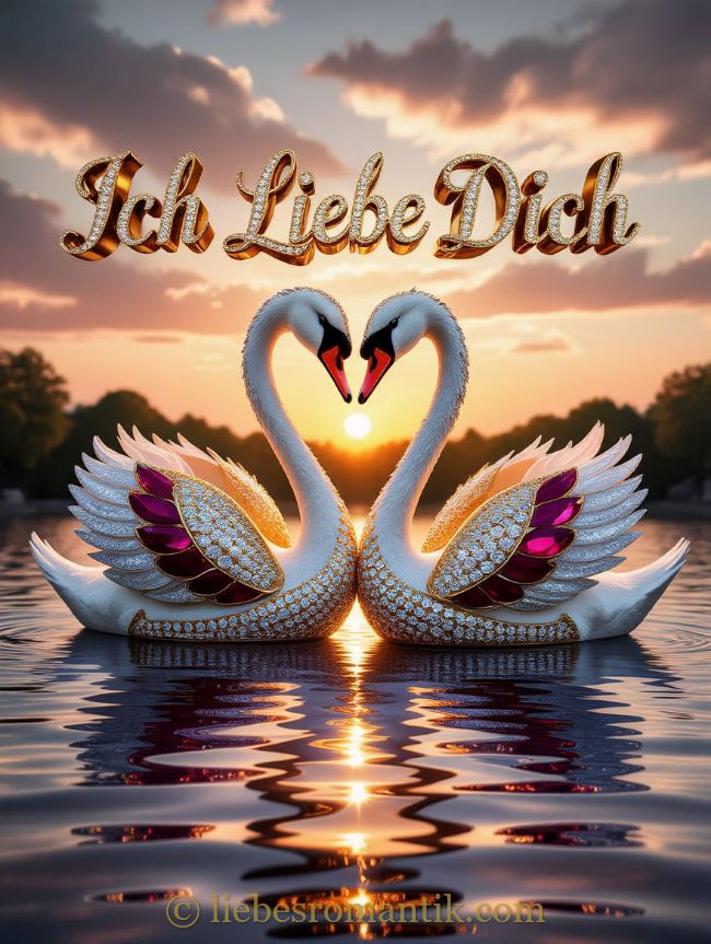 Zwei verzierte Schwäne bilden ein Herz auf dem Wasser bei goldenem Sonnenuntergang.