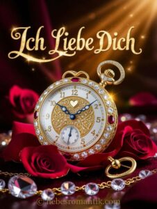 Goldene Taschenuhr mit Diamanten und Herz auf roten Rosen, Inschrift „Ich Liebe Dich“.