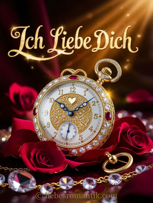 Goldene Taschenuhr mit Diamanten und Herz auf roten Rosen, Inschrift „Ich Liebe Dich“.
