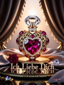 Goldenes Herzparfum mit rotem Stein und „Ich Liebe Dich“-Schrift