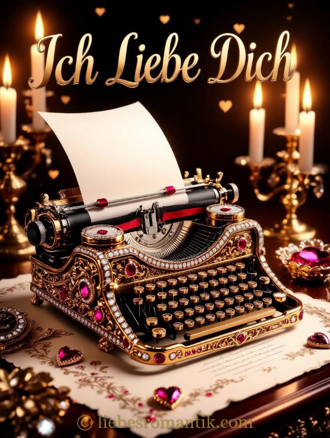 Goldene Schreibmaschine mit Edelsteinen und Kerzenlicht. Aufschrift „Ich Liebe Dich“ oben.