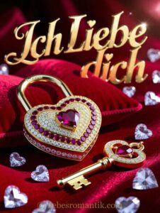 Goldener Herzschlüssel mit Rubin und Diamanten auf rotem Samt, Hintergrund: „Ich Liebe dich“