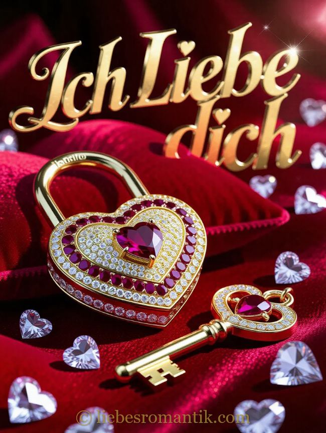 Goldener Herzschlüssel mit Rubin und Diamanten auf rotem Samt, Hintergrund: „Ich Liebe dich“