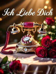 Luxuriöses goldfarbenes Telefon mit Rubin- und Diamant-Verzierungen, umgeben von roten Rosen.