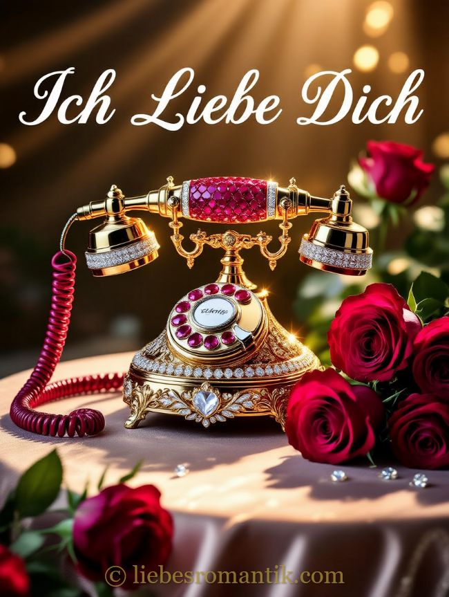 Luxuriöses goldfarbenes Telefon mit Rubin- und Diamant-Verzierungen, umgeben von roten Rosen.