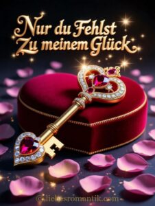 Goldener Schlüssel mit Herz und Edelsteinen auf rotem Samt-Kasten, umgeben von Rosenblättern und Sternen, mit Inschrift „Nur du fehlst zu meinem Glück“.
