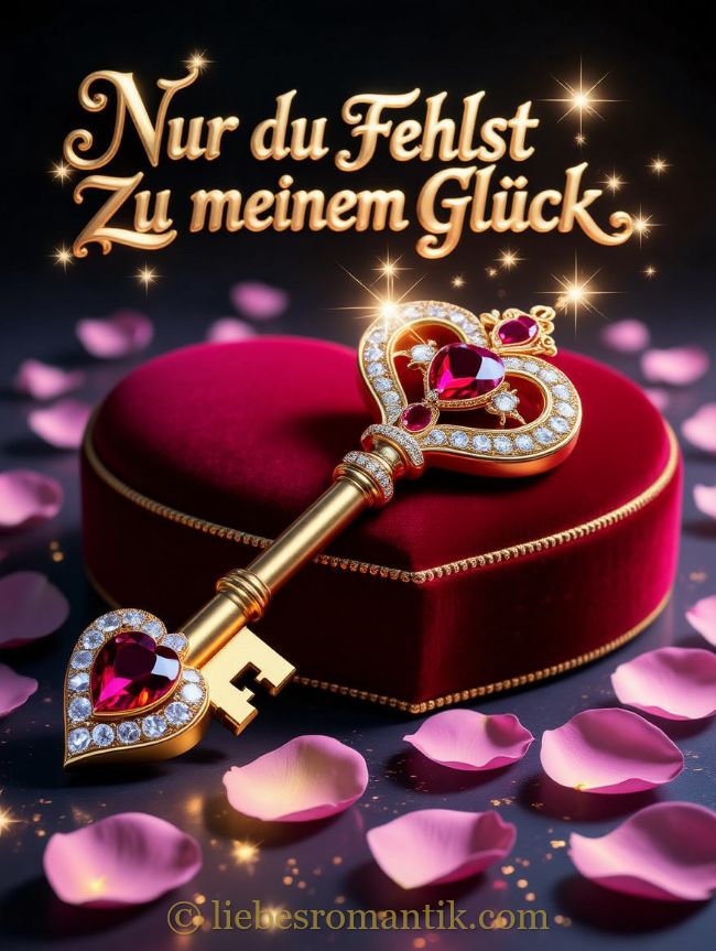 Goldener Schlüssel mit Herz und Edelsteinen auf rotem Samt-Kasten, umgeben von Rosenblättern und Sternen, mit Inschrift „Nur du fehlst zu meinem Glück“.