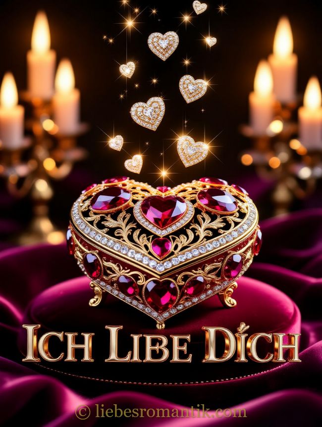 Opulenter goldener Herzschmuck mit Rubinen und Diamanten auf purpurrotem Samt, umgeben von glitzernden Herzanhängern.