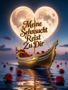 Goldenes Boot mit Diamantenfassung schippert zwischen roten Rosen und herzförmigem Mond.