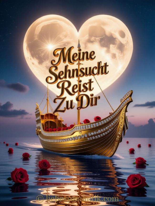 Goldenes Boot mit Diamantenfassung schippert zwischen roten Rosen und herzförmigem Mond.