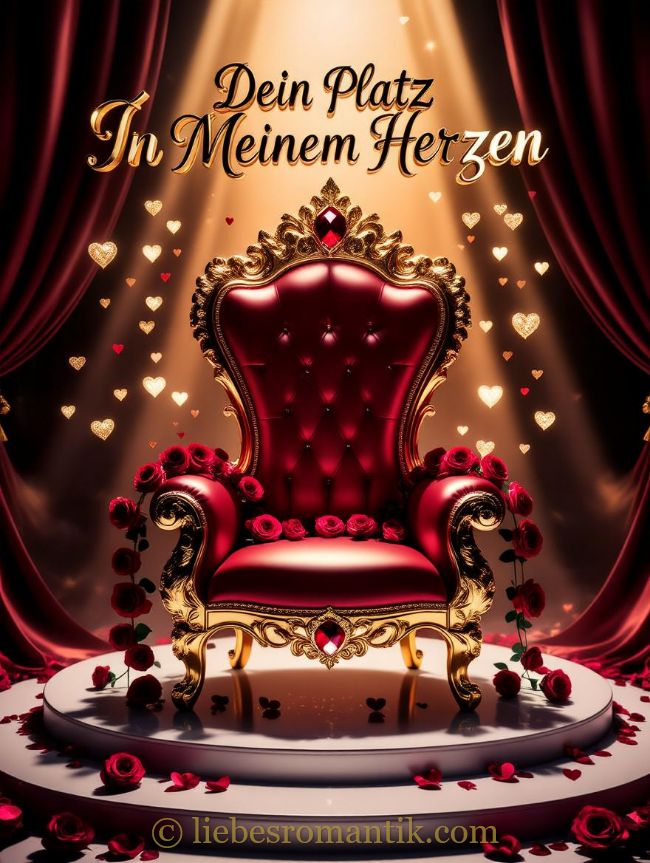 Goldener Thron mit rotem Samt, umgeben von Rosen und schwebenden Herzen, Text: „Dein Platz In Meinem Herzen“