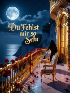 Person in schwarzen Umhang sitzt auf goldenem Balkon, umgeben von roten Rosen, Blick auf Meer und Felsen.