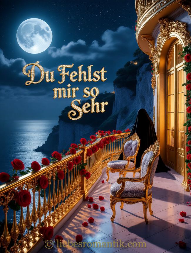 Person in schwarzen Umhang sitzt auf goldenem Balkon, umgeben von roten Rosen, Blick auf Meer und Felsen.